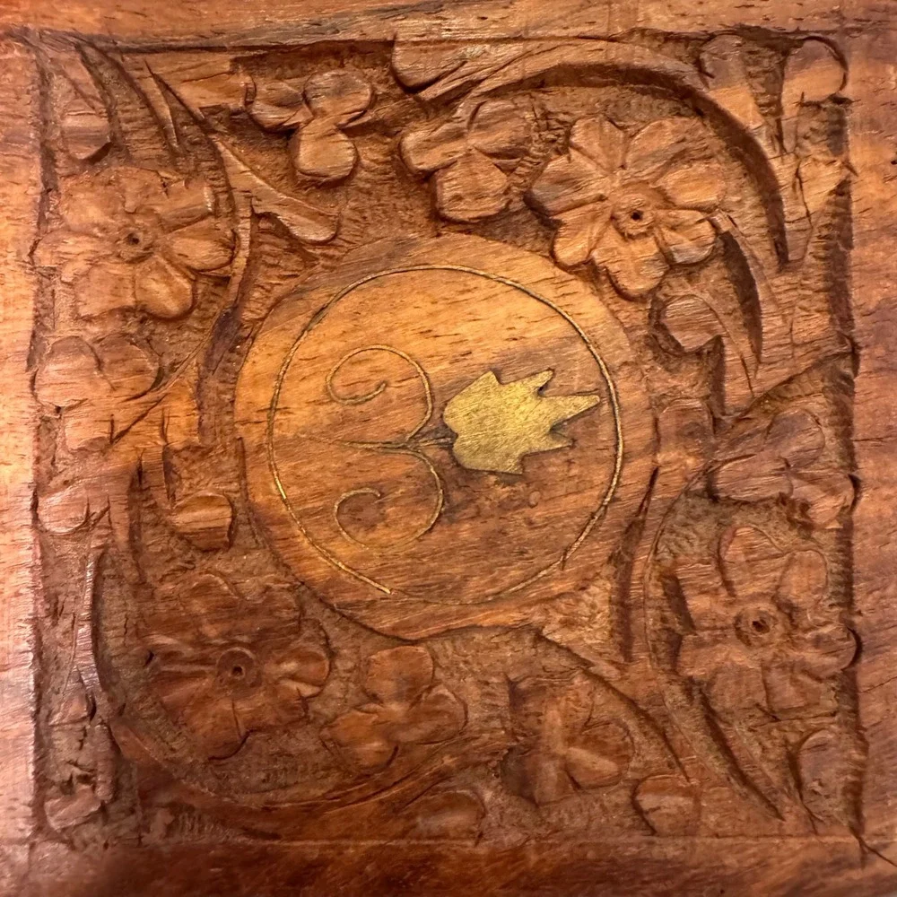 Hand Carved Floral Wood Trinket Jewelry Box Boho Whimsygoth India Brass Inlay